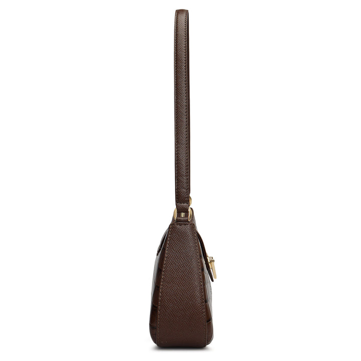 Small Croco Leather Baguette - Walnut