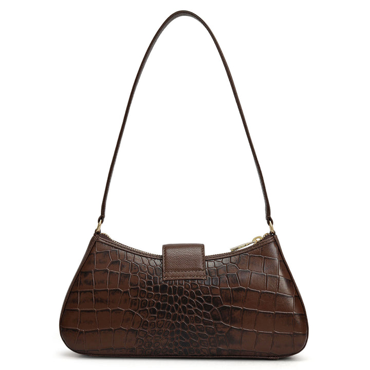 Small Croco Leather Baguette - Walnut