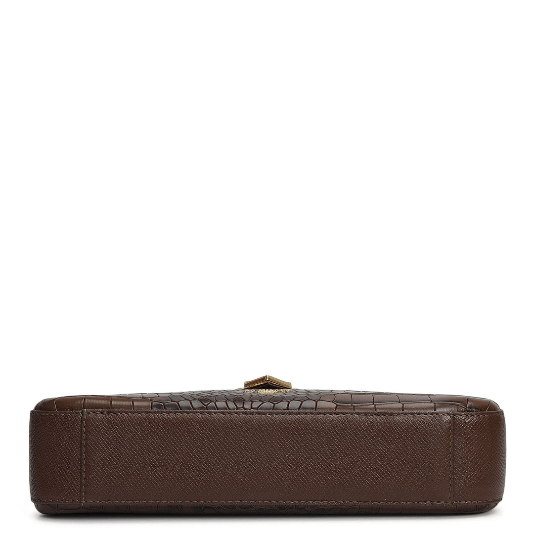 Small Croco Leather Baguette - Walnut