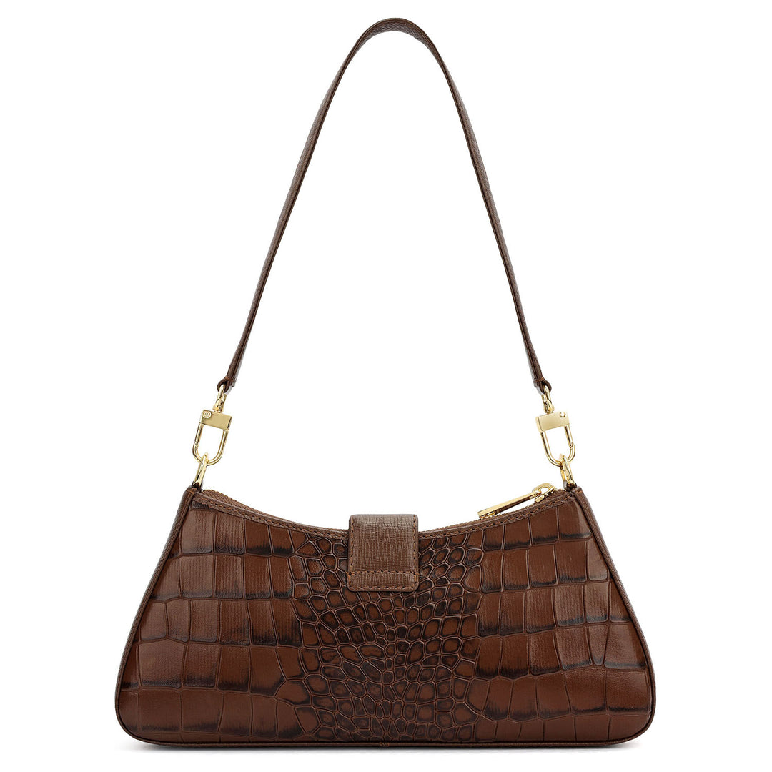 Small Croco Leather Baguette - Walnut
