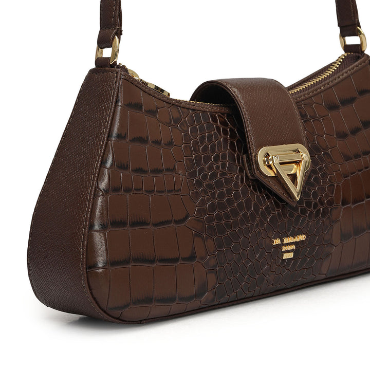 Small Croco Leather Baguette - Walnut
