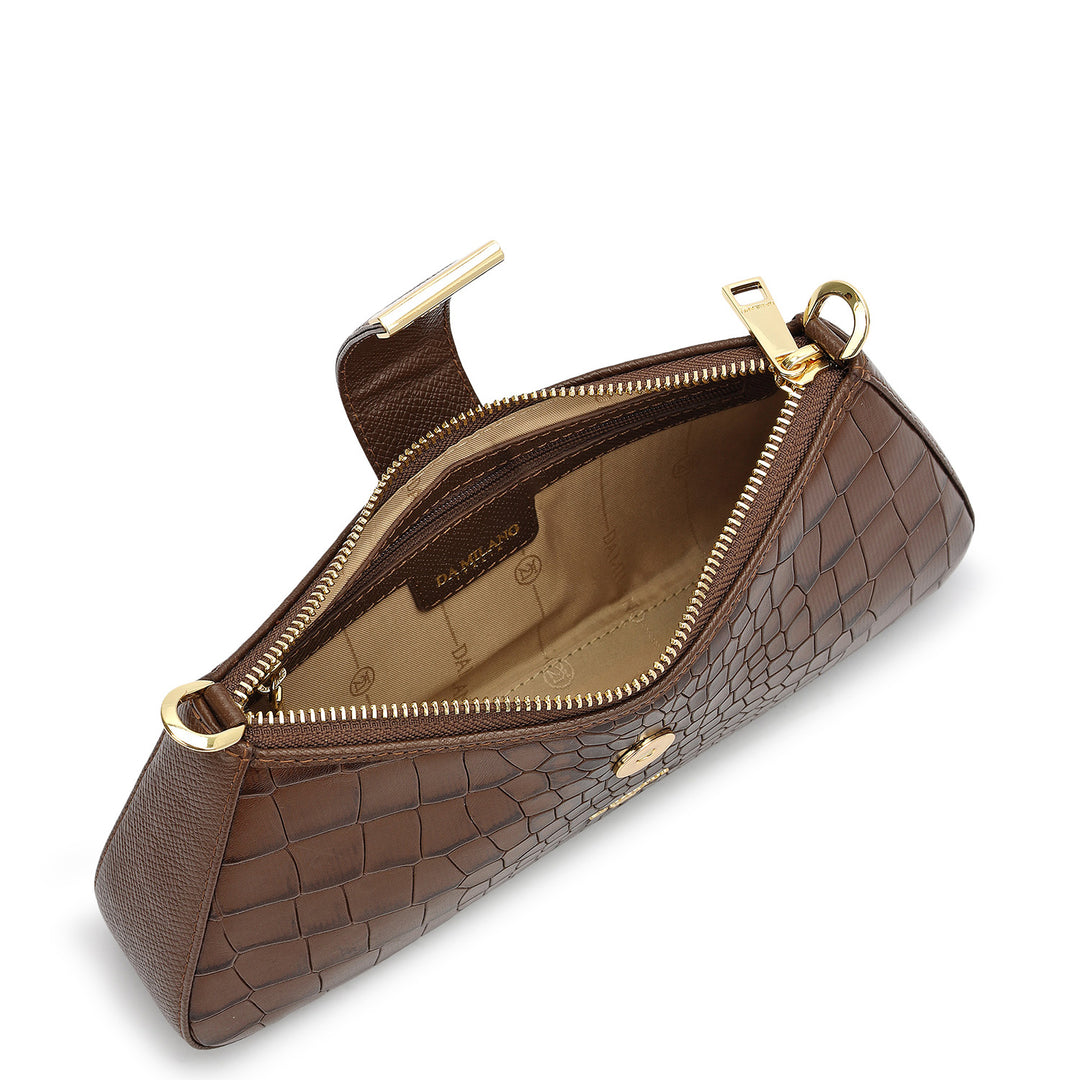 Small Croco Leather Baguette - Walnut
