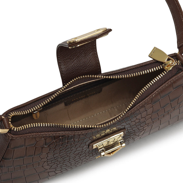 Small Croco Leather Baguette - Walnut