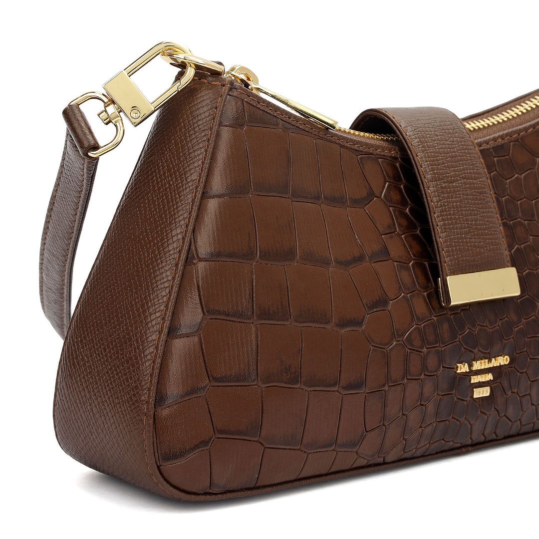 Small Croco Leather Baguette - Walnut