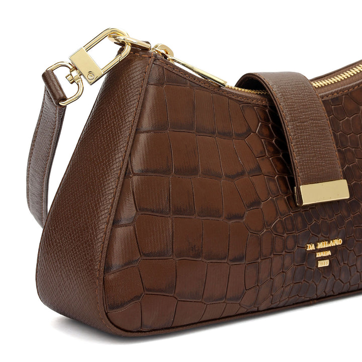 Small Croco Leather Baguette - Walnut