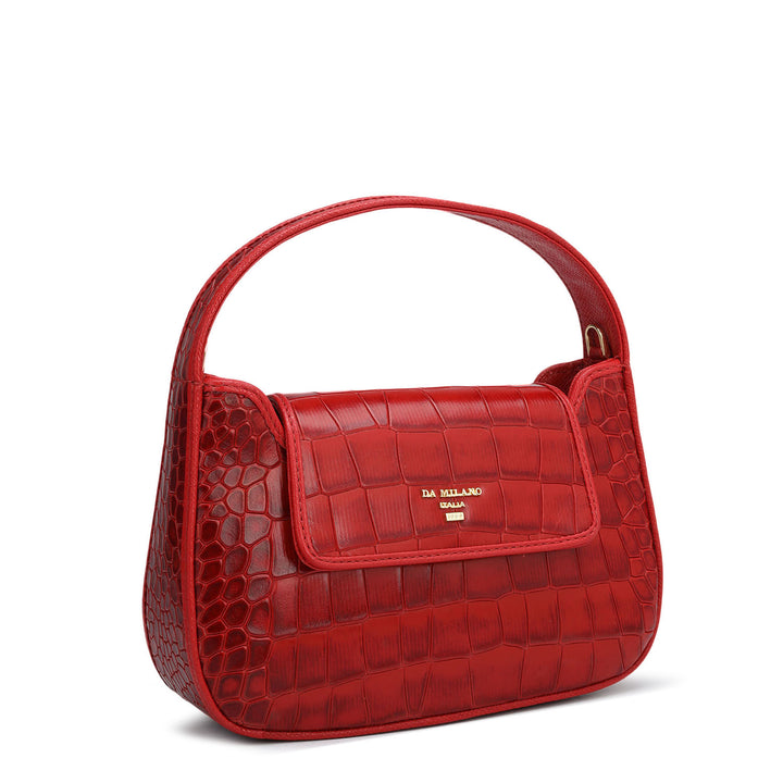 Small Croco Leather Baguette - Red