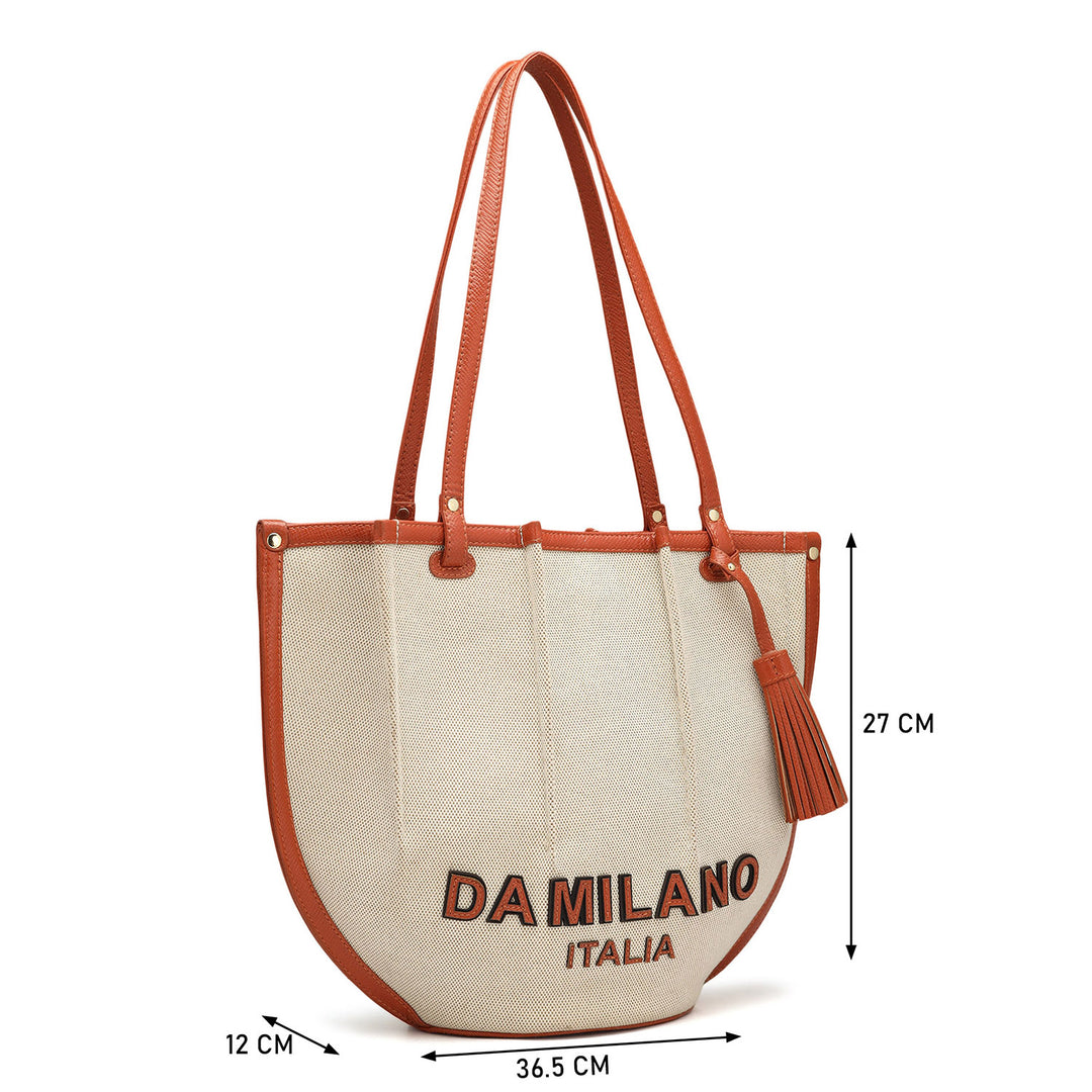 Medium Canvas Leather Shoulder Bag - Beige & Rust Orange