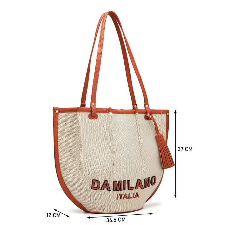 Medium Canvas Leather Shoulder Bag - Beige & Rust Orange