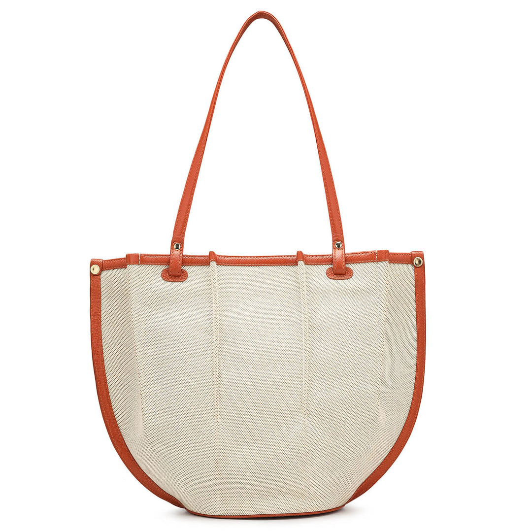 Medium Canvas Leather Shoulder Bag - Beige & Rust Orange