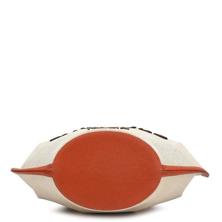 Medium Canvas Leather Shoulder Bag - Beige & Rust Orange