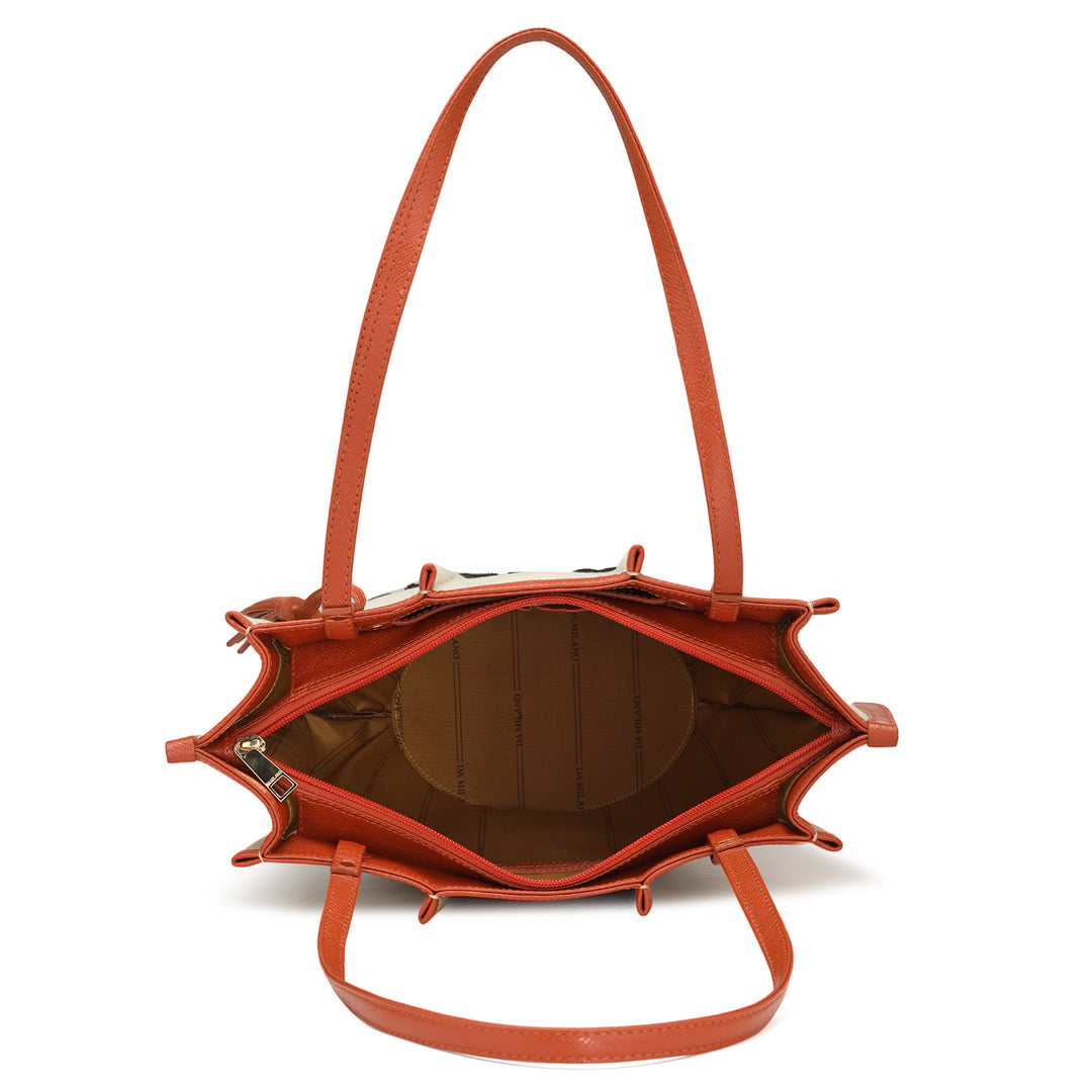 Medium Canvas Leather Shoulder Bag - Beige & Rust Orange