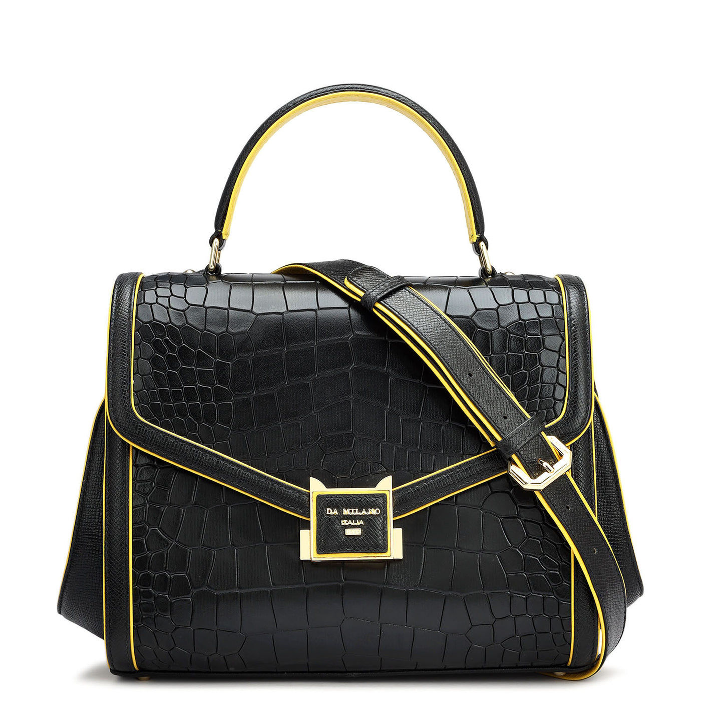 Medium Croco Leather Satchel - Black