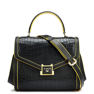 Medium Croco Leather Satchel - Black
