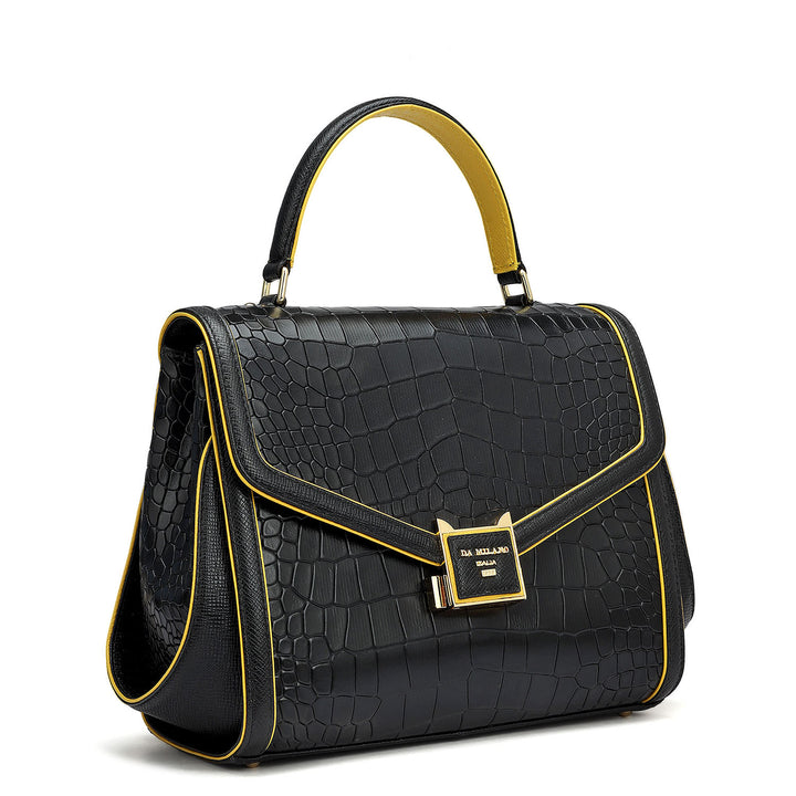 Medium Croco Leather Satchel - Black