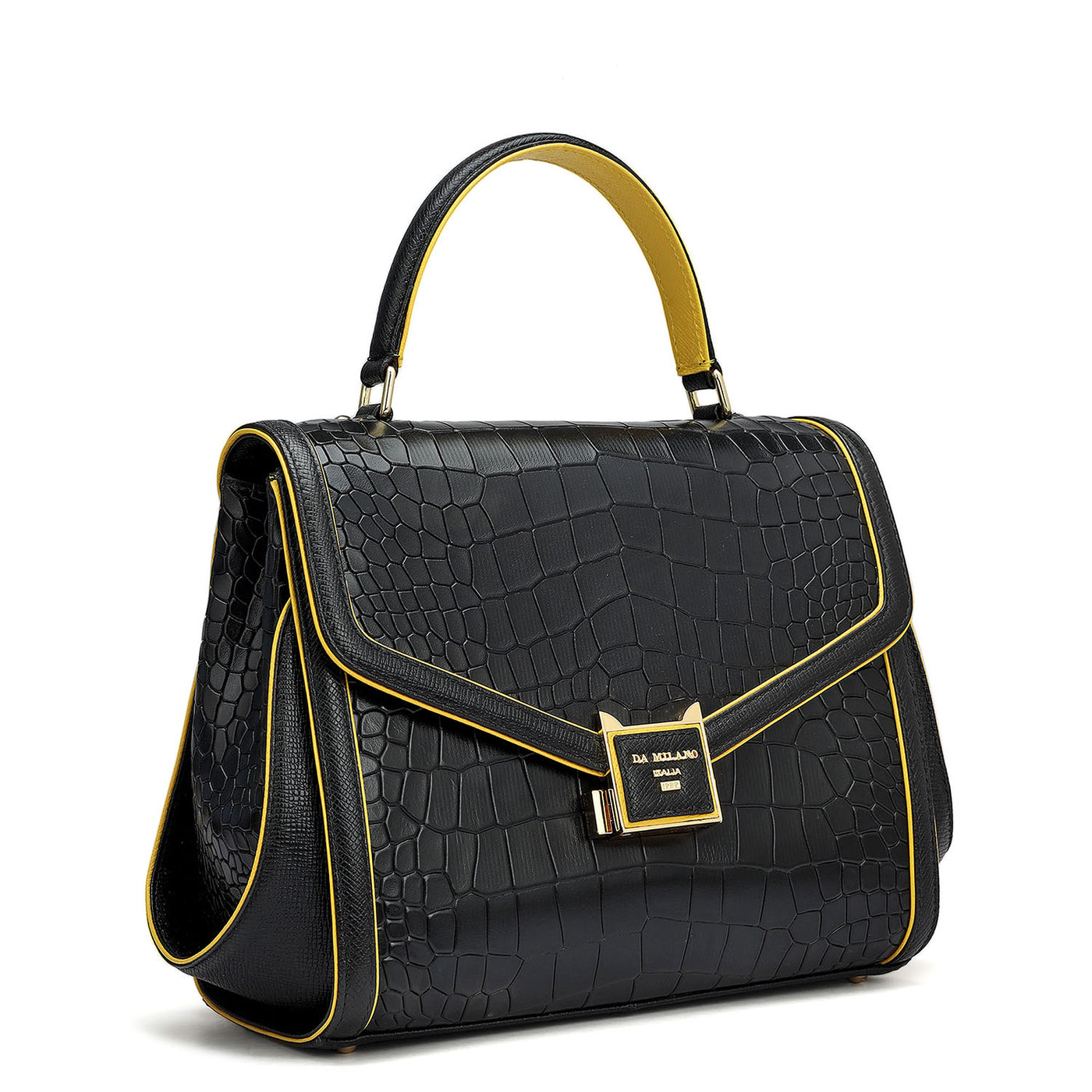 Medium Croco Leather Satchel - Black