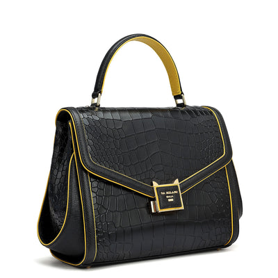 Medium Croco Leather Satchel - Black