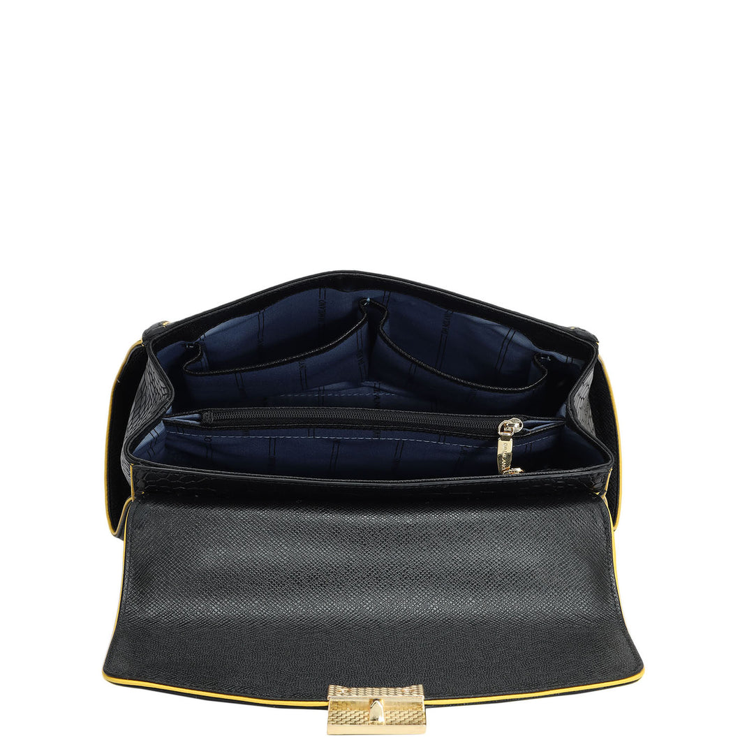 Medium Croco Leather Satchel - Black