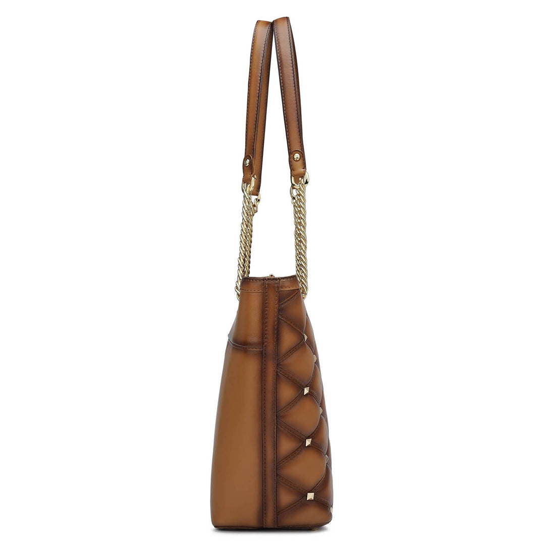 Medium Quilting Plain Leather Shoulder Bag - Tan