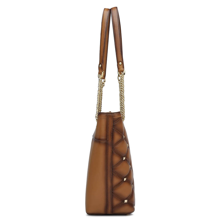 Medium Quilting Plain Leather Shoulder Bag - Tan