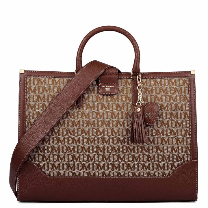 Medium Canvas Wax Leather Book Tote - Beige & Espresso