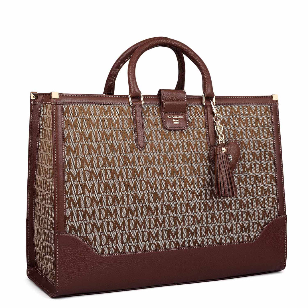 Medium Canvas Wax Leather Book Tote - Beige & Espresso