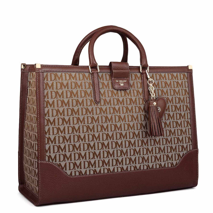 Medium Canvas Wax Leather Book Tote - Beige & Espresso