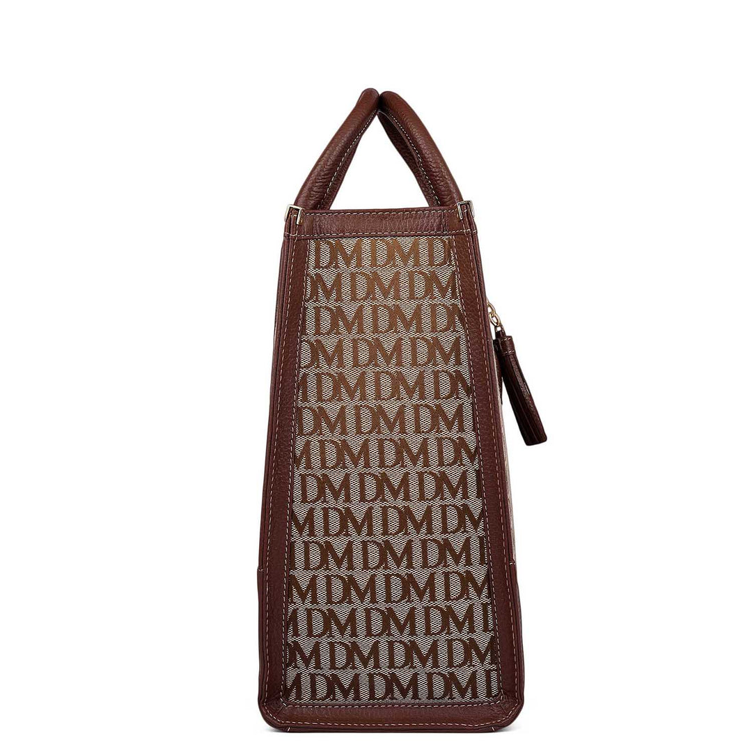 Medium Canvas Wax Leather Book Tote - Beige & Espresso