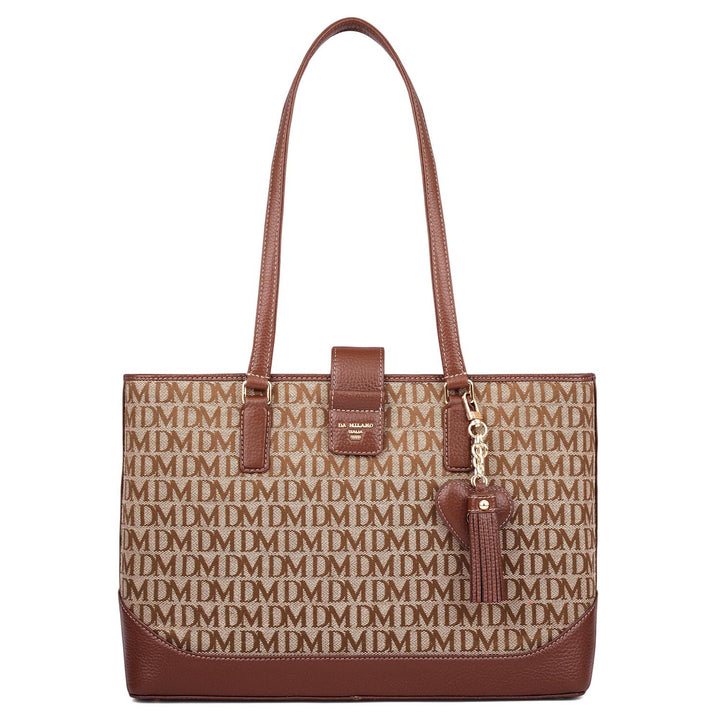 Medium Canvas Wax Leather Shoulder Bag - Beige & Espresso