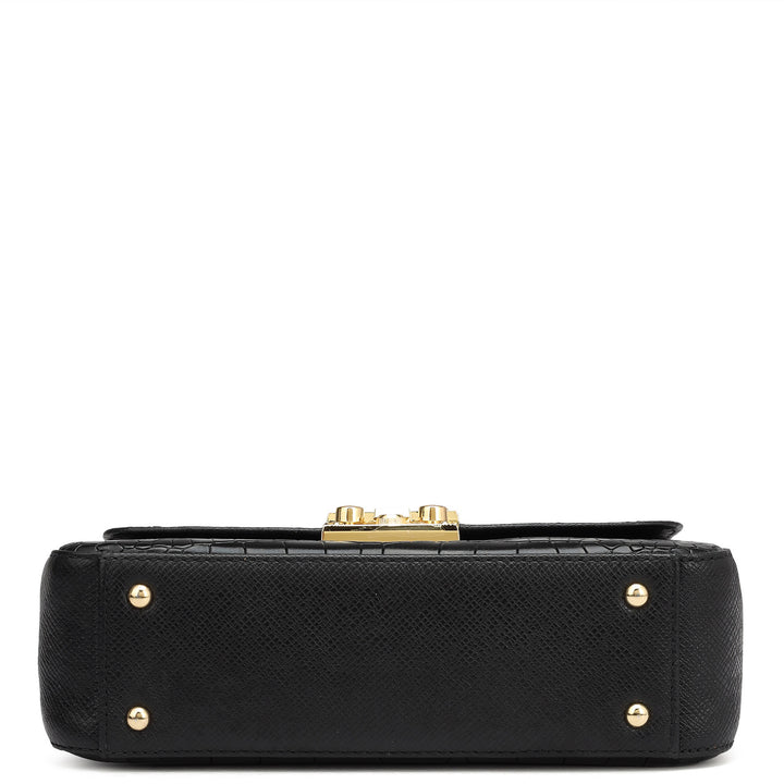 Small Croco Leather Baguette - Black