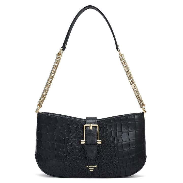 Small Croco Leather Baguette - Black