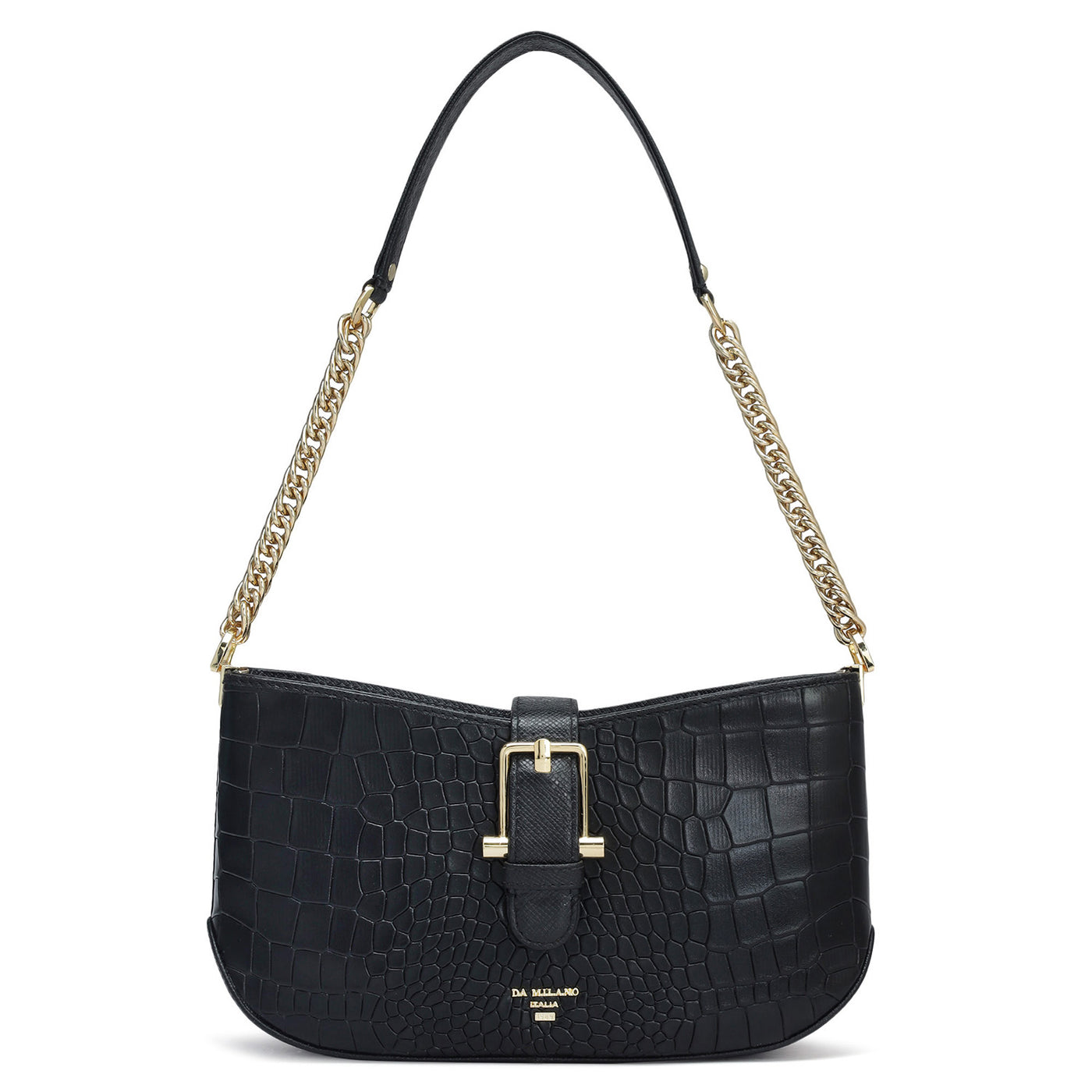 Small Croco Leather Baguette - Black