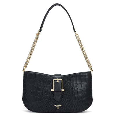 Small Croco Leather Baguette - Black