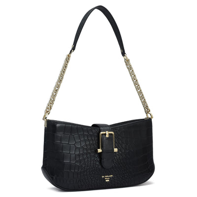 Small Croco Leather Baguette - Black