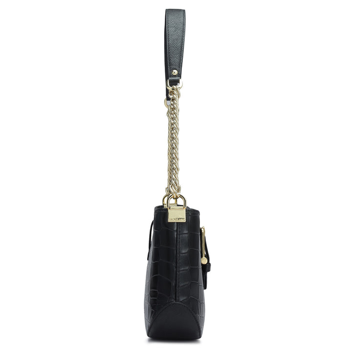 Small Croco Leather Baguette - Black