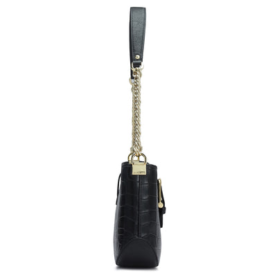Small Croco Leather Baguette - Black