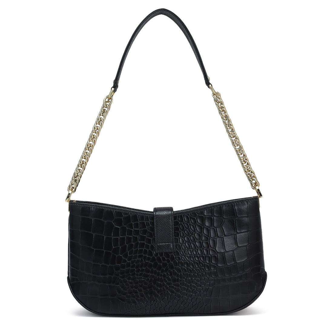 Small Croco Leather Baguette - Black