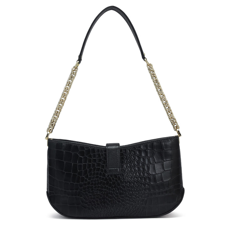 Small Croco Leather Baguette - Black