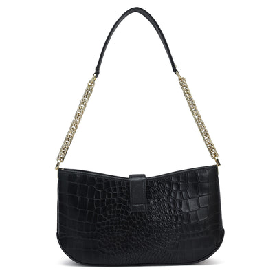 Small Croco Leather Baguette - Black