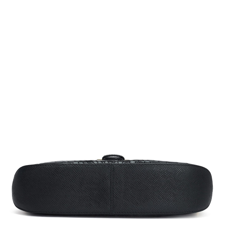 Small Croco Leather Baguette - Black