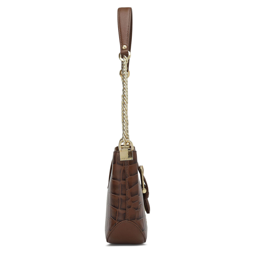 Small Croco Leather Baguette - Brown