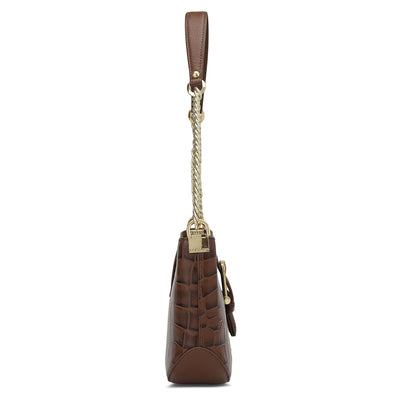 Small Croco Leather Baguette - Brown