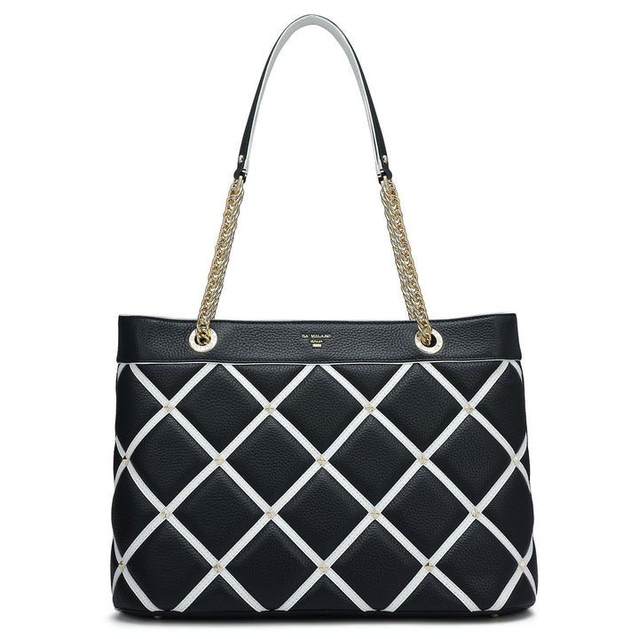 Medium Quilting Wax Leather Shoulder Bag - Black