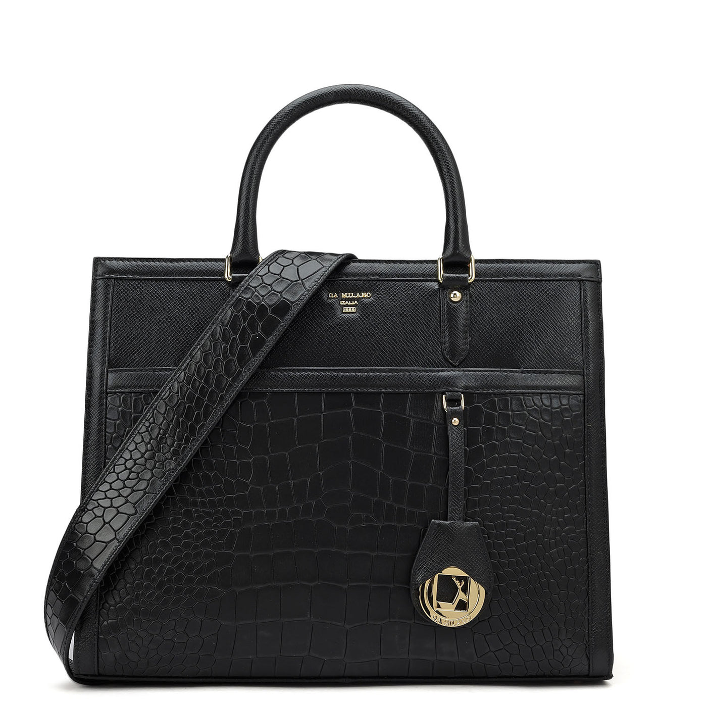 Medium Croco Leather Book Tote - Black