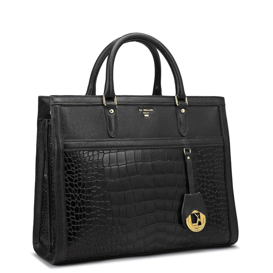 Medium Croco Leather Book Tote - Black