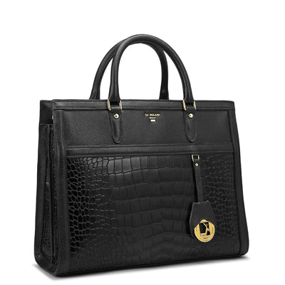 Medium Croco Leather Book Tote - Black