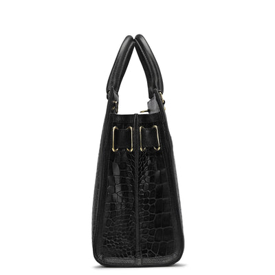 Medium Croco Leather Book Tote - Black