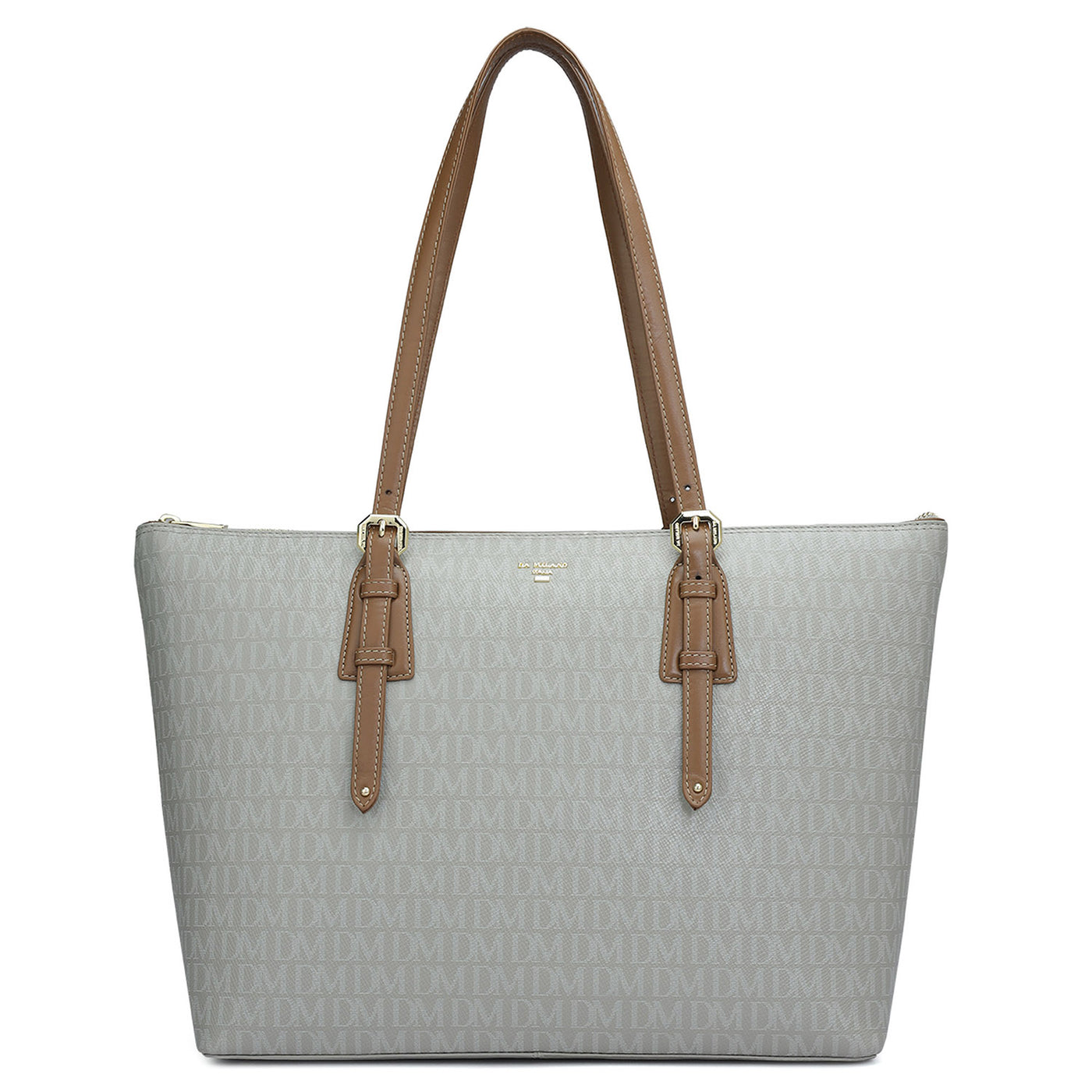 Large Monogram Leather Tote - Stone Grey
