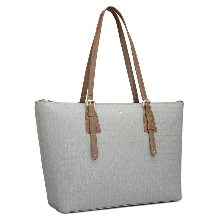 Large Monogram Leather Tote - Stone Grey