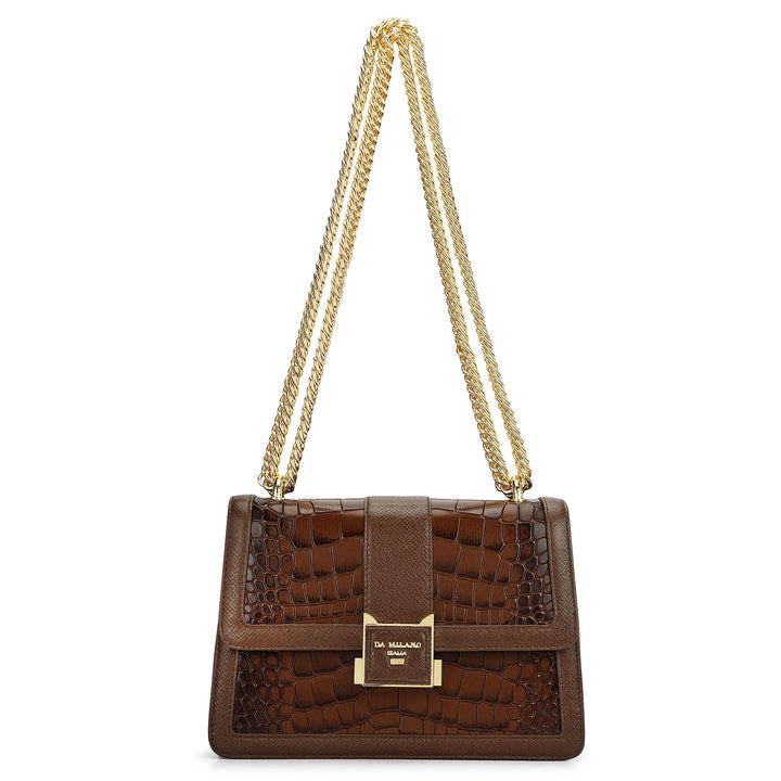 Small Croco Franzy Leather Shoulder Bag - Walnut