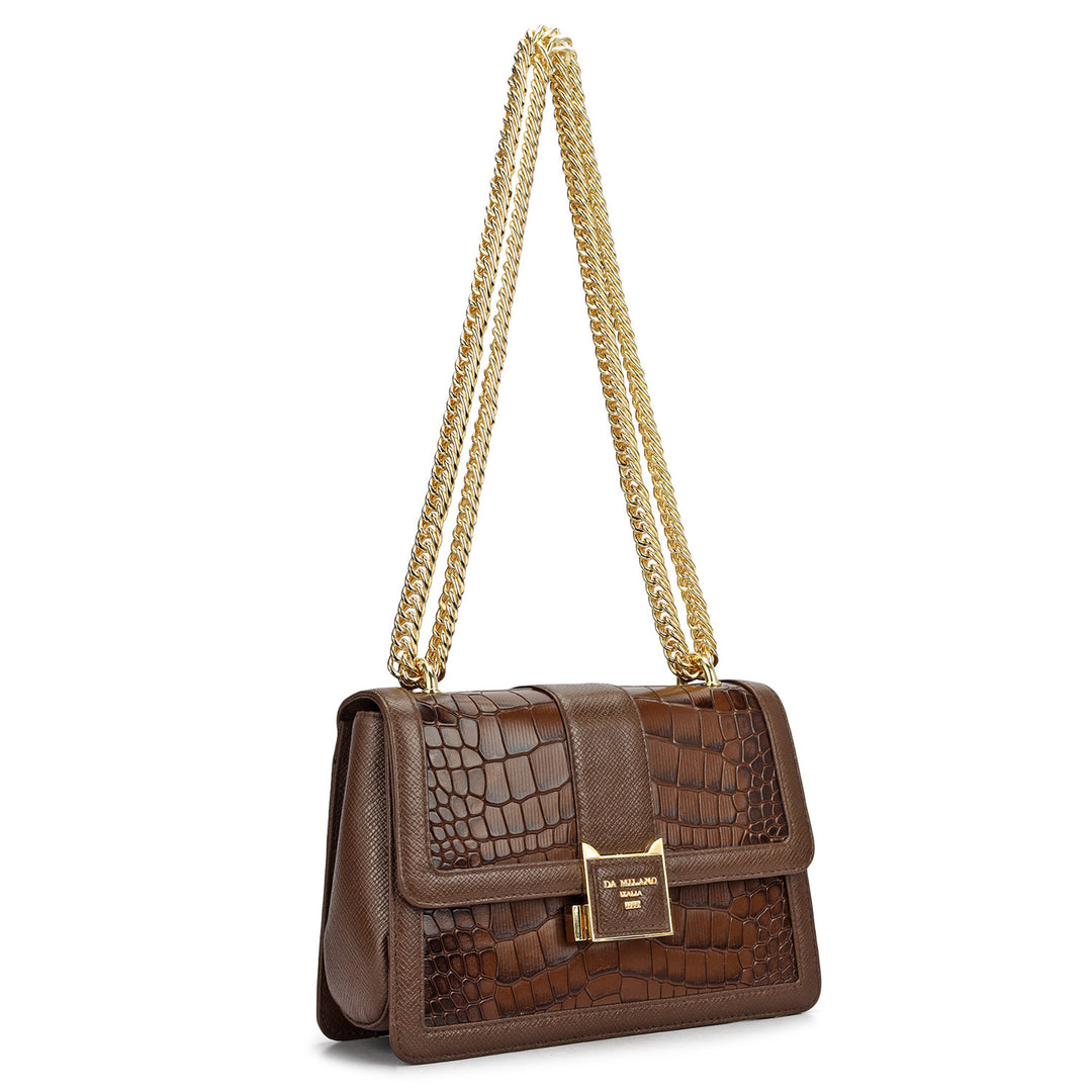 Small Croco Franzy Leather Shoulder Bag - Walnut
